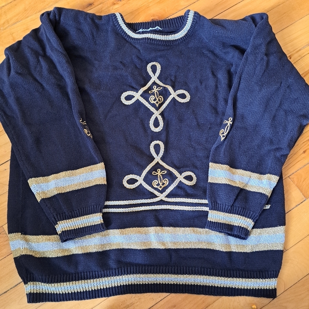 Vintage Black Embroidered Knit Sweater Gold Trim - Picture 5 of 9